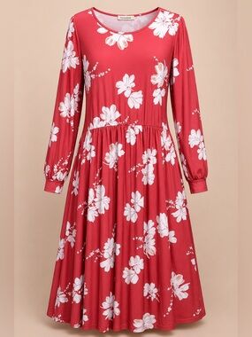 Fantaslook Dress Coral Red White Floral Print Long Sleeves Pullover Size XL